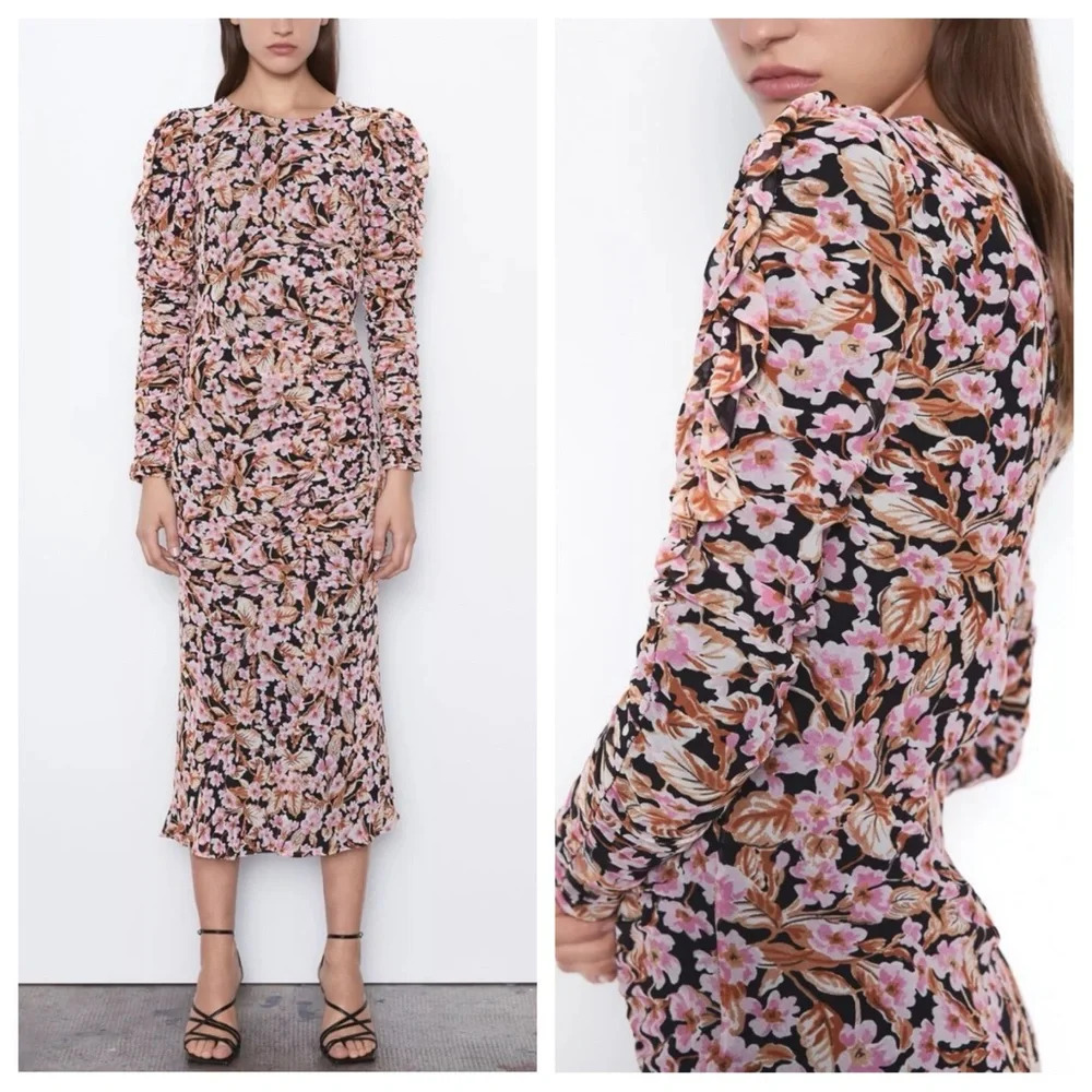 Zara floral print maxi dress pink and black midi ruched gathered 22361